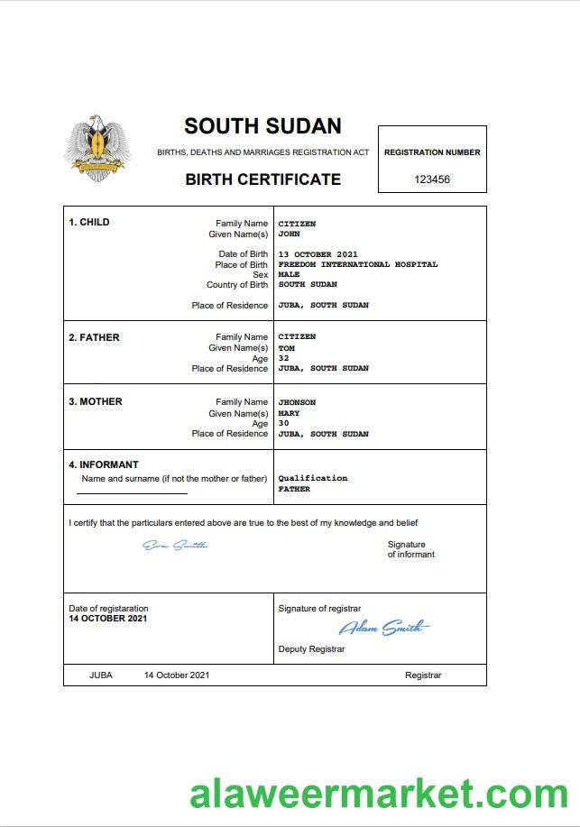 South Sudan vital record birth certificate Word and PDF template